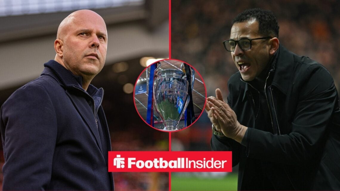 Liverpool manager Arne Slot and Chelsea boss Liam Rosenior on either side of a split image, as the Champions League trophy features in a central in...