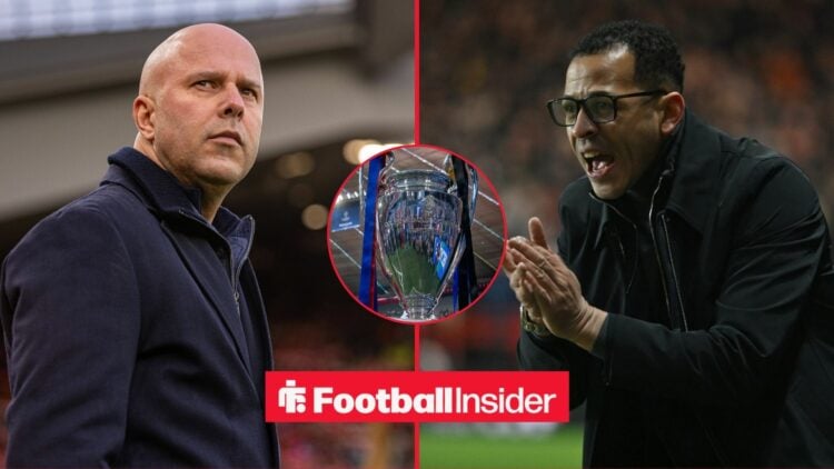 Liverpool manager Arne Slot and Chelsea boss Liam Rosenior on either side of a split image, as the Champions League trophy features in a central in...