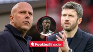 Arne Slot and Michael Carrick on the sidelines, with Eduardo Camavinga in a circular inset