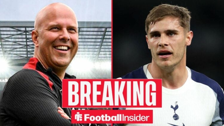 Arne Slot smiling at Liverpool, with Micky van de Ven in action for Tottenham