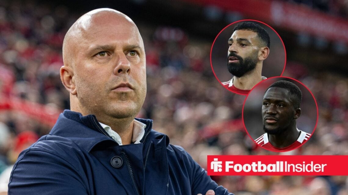 Arne Slot on the sidelines at Liverpool, with Mohamed Salah and Ibrahima Konate in a circular inset