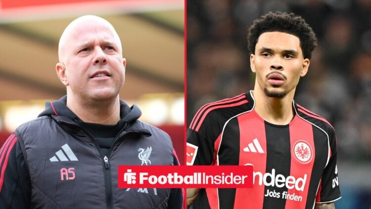 Liverpool manager Arne Slot looks across a split image towards Nnamdi Collins, who is in action during a game for Eintracht Frankfurt.
