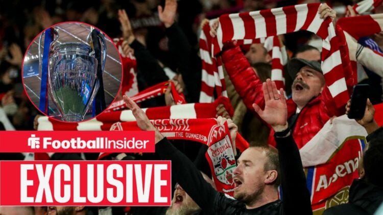 Football Insider exclusive as Arsenal fans hold scarves aloft in the stand, while the Champions League trophy features in a circular inset.