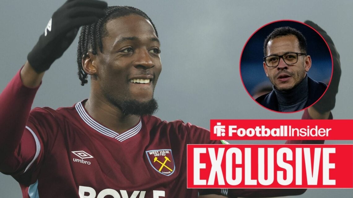 Football Insider exclusive as Axel Disasi raises his arms during a game for West Ham, while Chelsea manager Liam Rosenior watches from a circular i...
