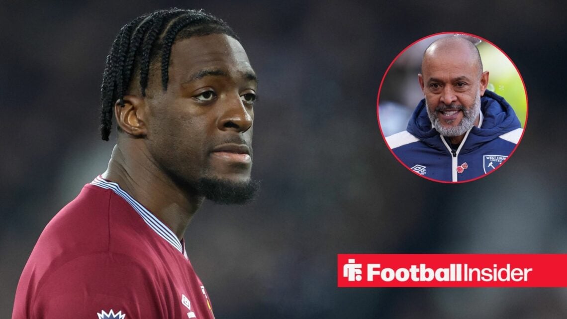 Axel Disasi of West Ham United in action during the Premier League match between West Ham United and Manchester United at London Stadium on Februar...