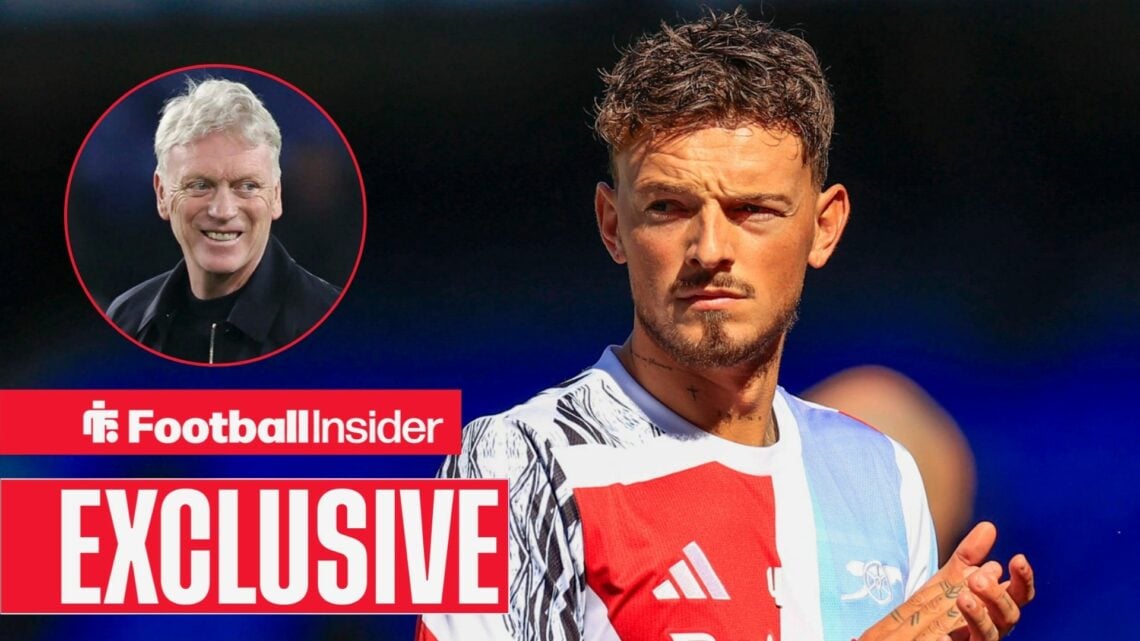 Football Insider exclusive as Arsenal defender Ben White warms up for a game, while Everton manager David Moyes grins in a circular inset.