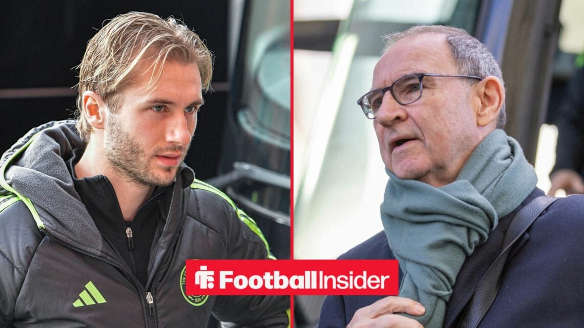 Celtic midfielder Benjamin Nygren arrives at a game, as manager Martin O'Neill watches from the other side of a split image.