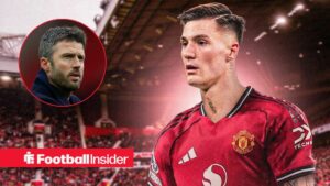 Manchester United striker Benjamin Sesko in action during a game, as manager Michael Carrick watches from a circular inset.