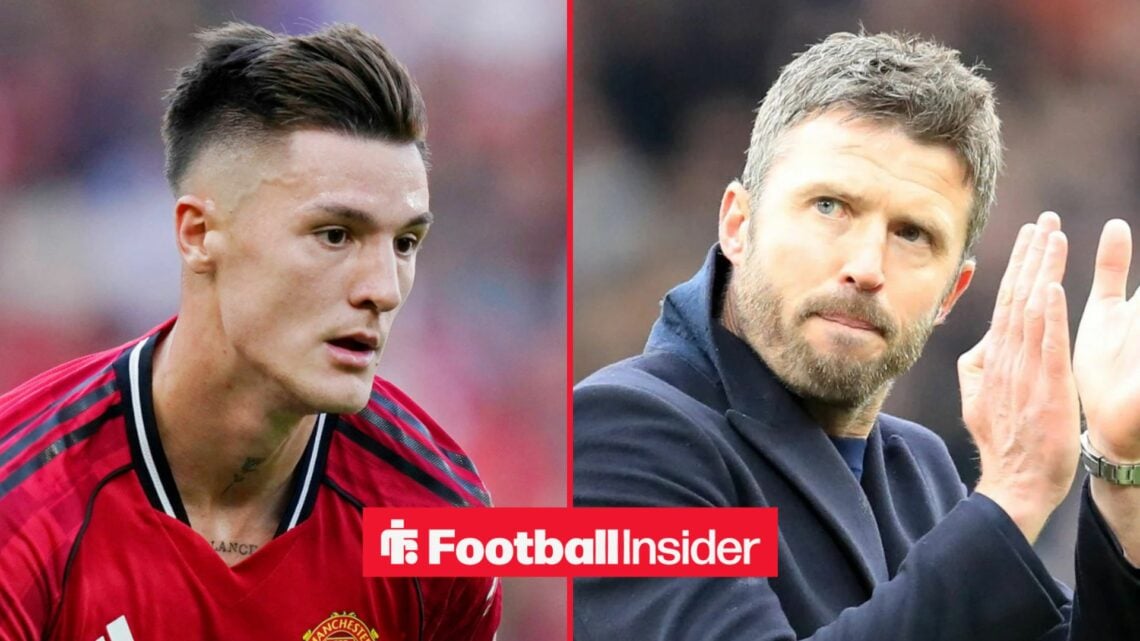 Benjamin Sesko in action for Man United, with Michael Carrick on the sidelines