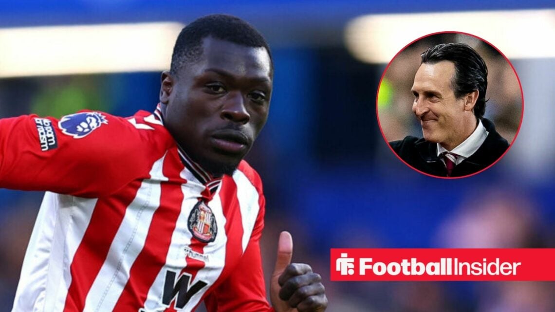 Brian Brobbey in action for Sunderland, with Unai Emery in a circular inset