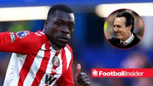 Brian Brobbey in action for Sunderland, with Unai Emery in a circular inset