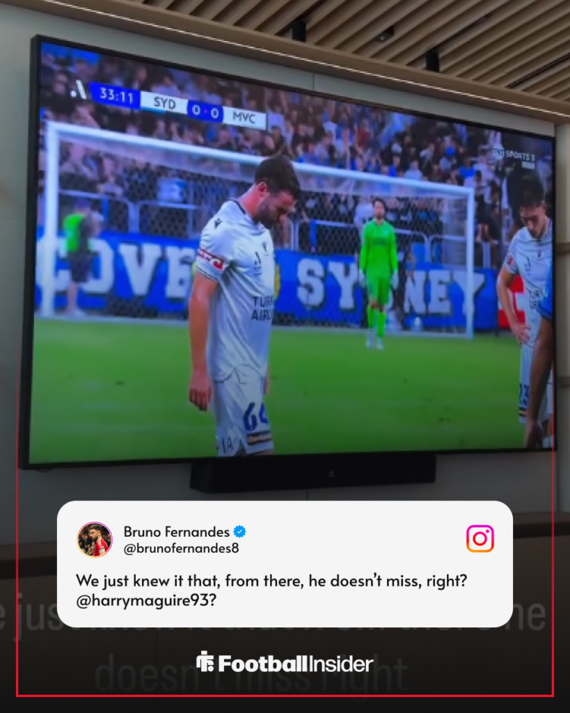 Bruno Fernandes and Harry Maguire after watching Juan Mata's goal for Melbourne Victory