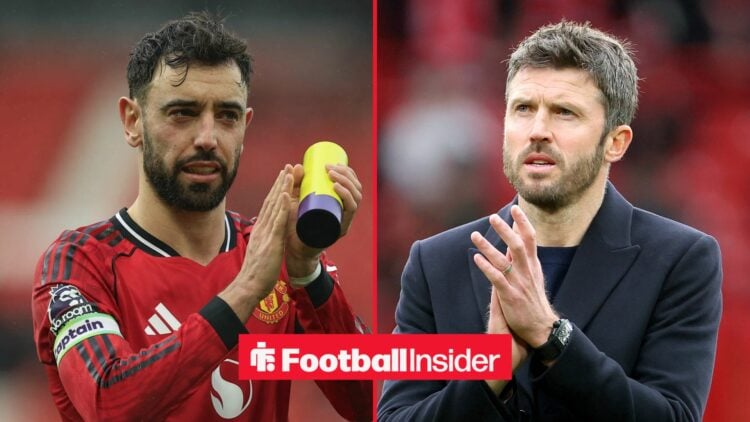 Bruno Fernandes in action for Man United, with Michael Carrick in a circular inset