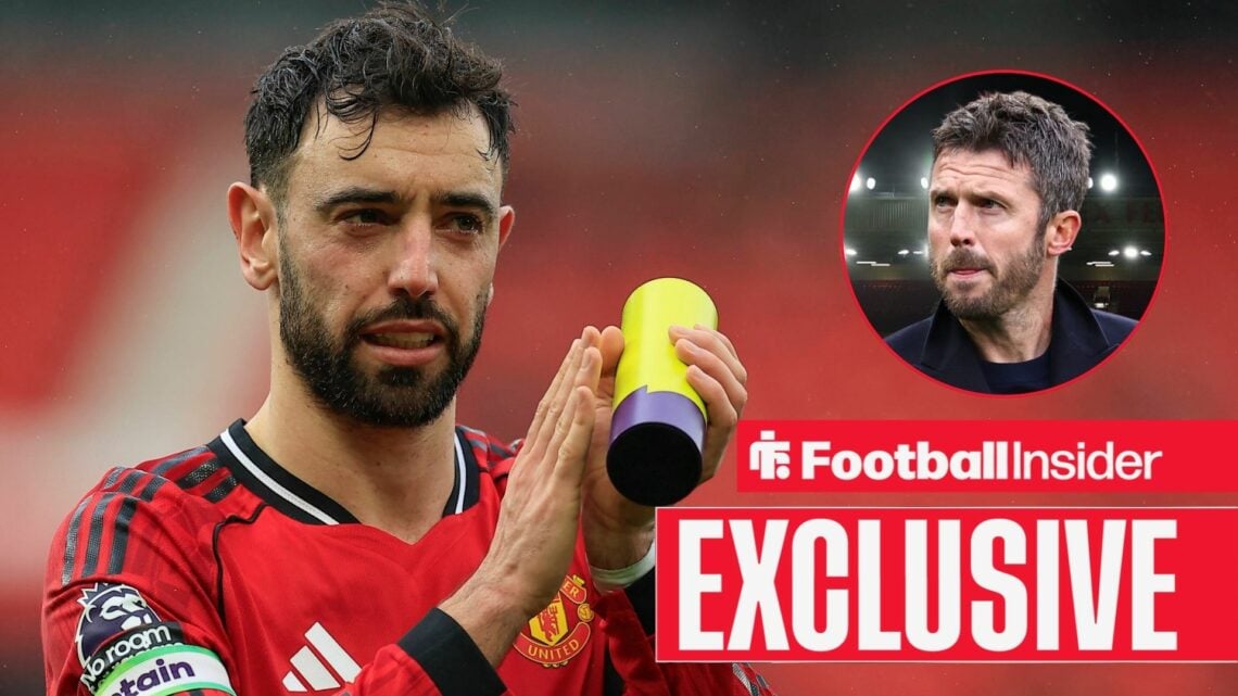 Football Insider exclusive as Manchester United captain Bruno Fernandes applauds after a game, while Michael Carrick watches from a circular inset.