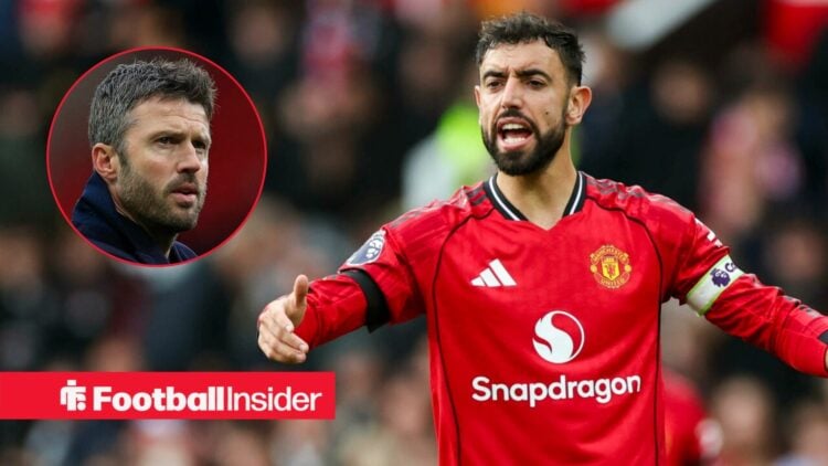 Manchester United midfielder Bruno Fernandes raises his arms out during a game, as Michael Carrick looks concerned in a circular inset.
