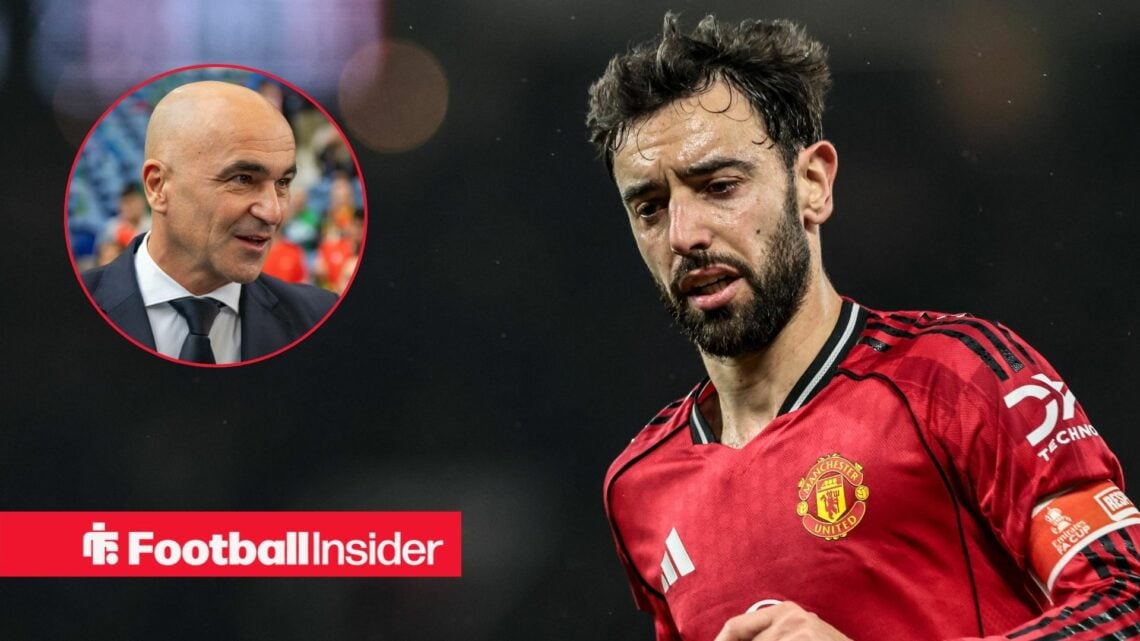 Bruno Fernandes in action during a game for Manchester United, as Portugal manager Roberto Martinez smiles in a circular inset.
