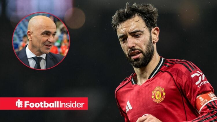 Bruno Fernandes in action during a game for Manchester United, as Portugal manager Roberto Martinez smiles in a circular inset.