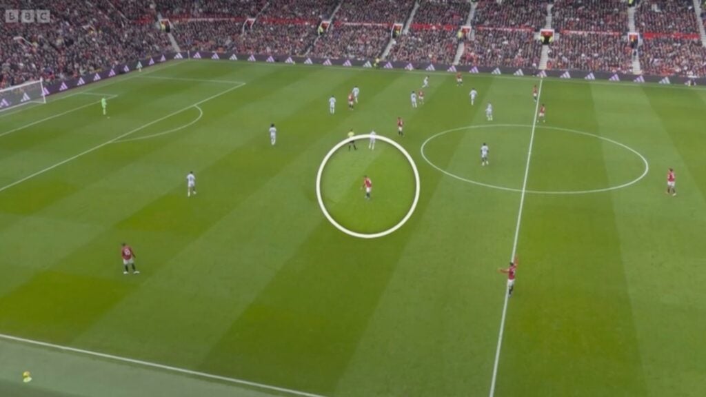 A screenshot from Match of the Day showing Manchester United star Bruno Fernandes getting frustrated during a game vs Crystal Palace.