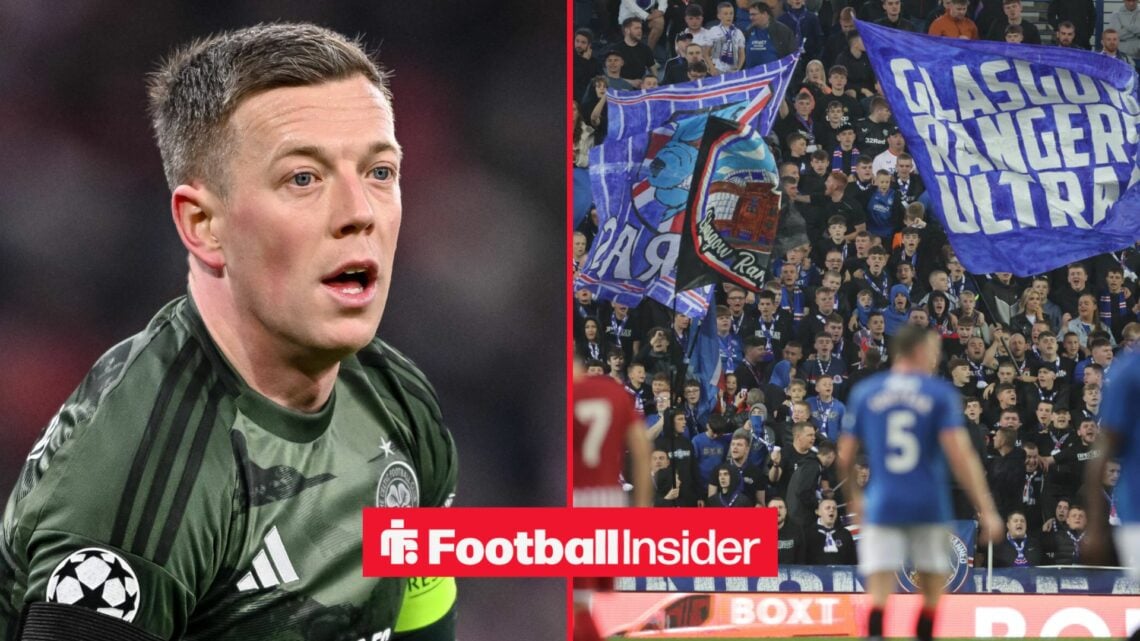 Celtic captain Callum McGregor in action during a game, as Rangers fans wave flags on the other side of a split image.