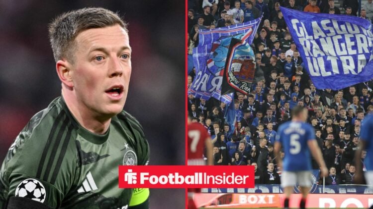 Celtic captain Callum McGregor in action during a game, as Rangers fans wave flags on the other side of a split image.