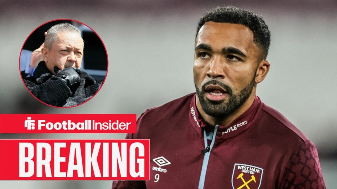 West Ham striker Callum Wilson glances towards a circular inset while warming up for a game, where owner David Sullivan watches on.