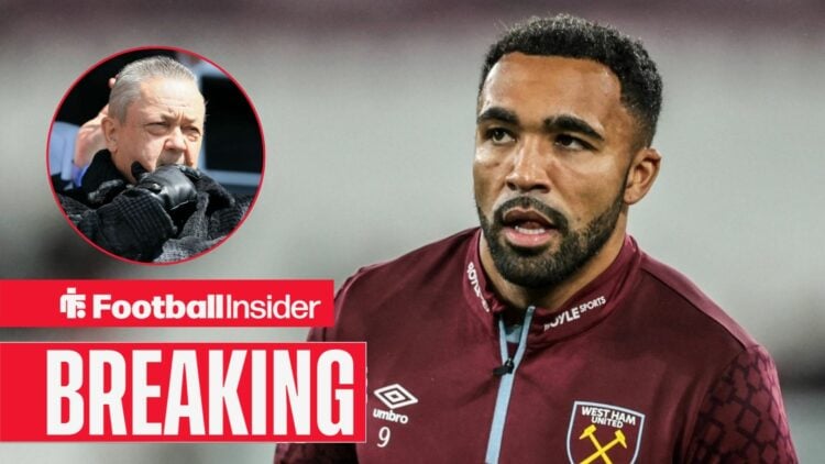 West Ham striker Callum Wilson glances towards a circular inset while warming up for a game, where owner David Sullivan watches on.