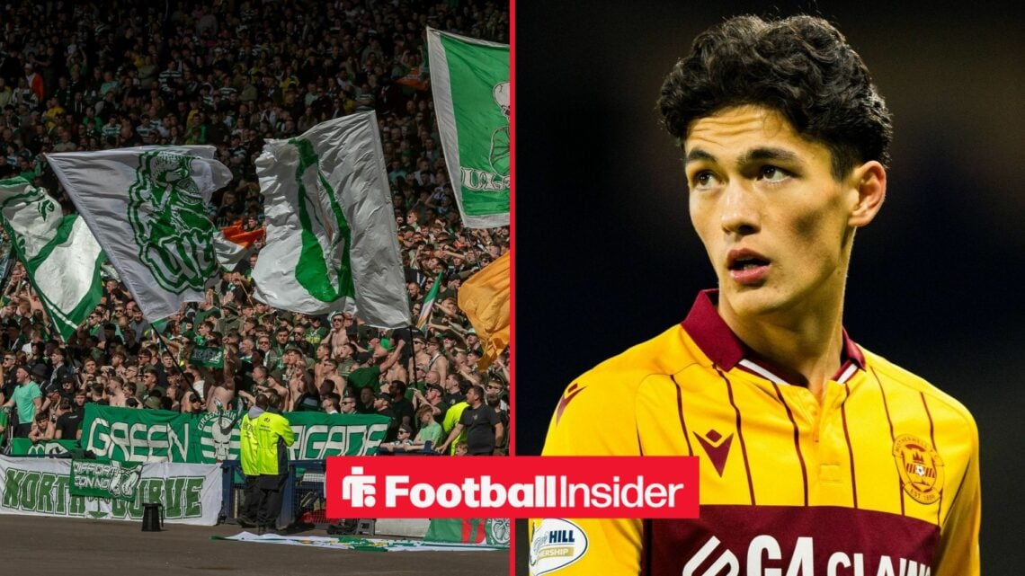 Celtic fans wave flags in the stands, as Motherwell winger Elijah Just is in action on the other side of a split image.
