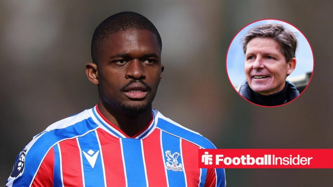 Cheick Doucoure in action for Crystal Palace, with Oliver Glasner in a circular inset