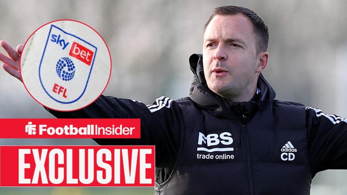 Football Insider exclusive as Birmingham City manager Chris Davies stands on the training ground, while the EFL logo features in a circular inset.