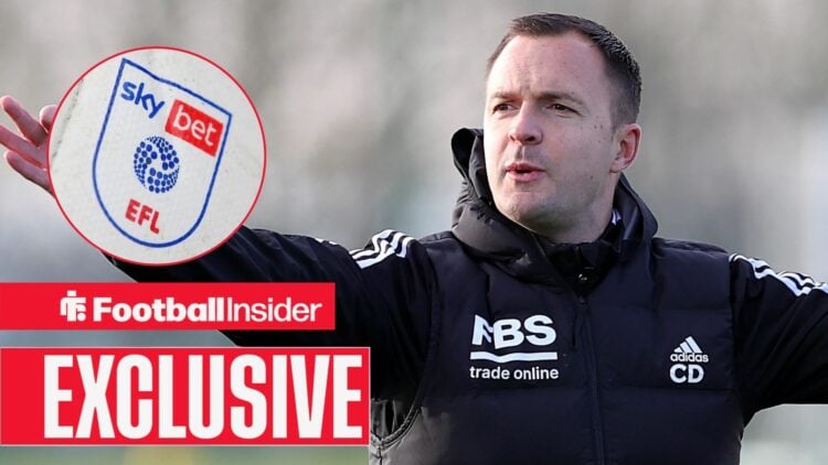 Football Insider exclusive as Birmingham City manager Chris Davies stands on the training ground, while the EFL logo features in a circular inset.