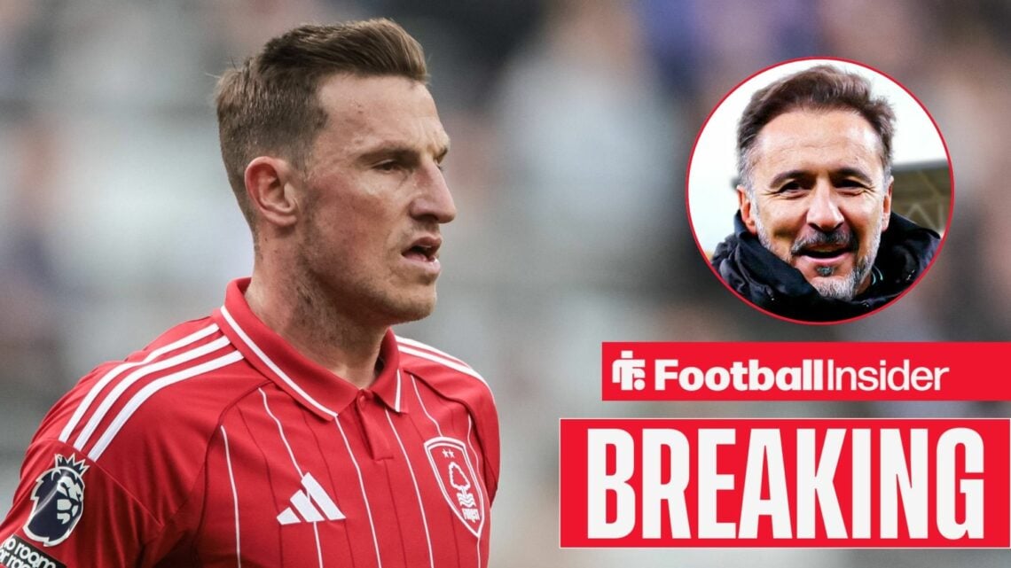 Nottingham Forest striker Chris Wood looks towards a circular inset, where manager Vitor Pereira grins.