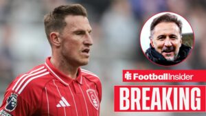 Nottingham Forest striker Chris Wood looks towards a circular inset, where manager Vitor Pereira grins.