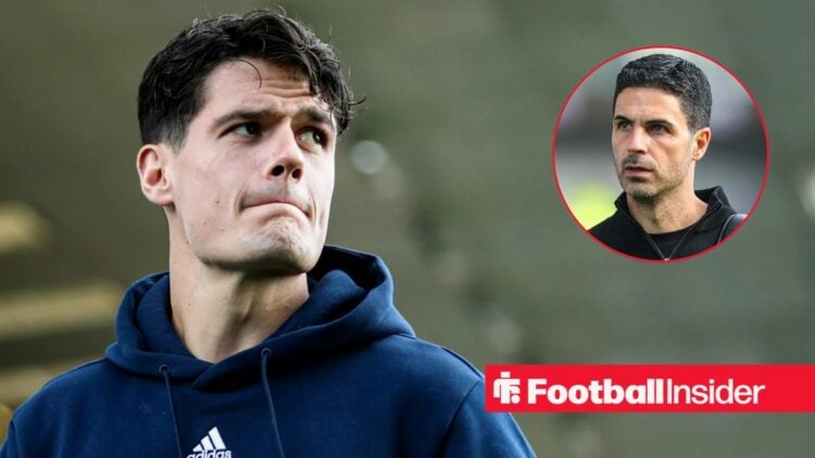 Arsenal midfielder Christian Norgaard stares towards a circular inset, where manager Mikel Arteta watches on.