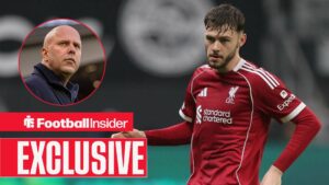 Football Insider exclusive as Conor Bradley is in action during a game for Liverpool, while manager Arne Slot watches from a circular inset.