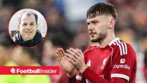 Liverpool defender Conor Bradley applauds after a game, while Sunderland manager Regis Le Bris grins in a circular inset.
