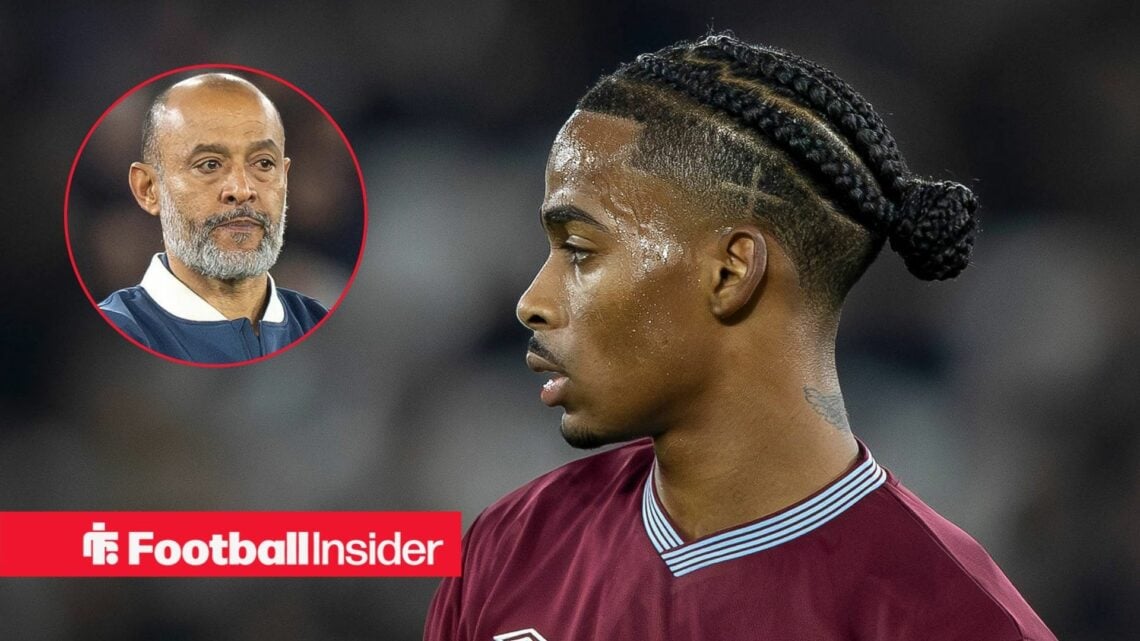 Crysencio Summerville in action for West Ham, with Nuno Espirito Santo in a ciruclar inset