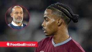 Crysencio Summerville in action for West Ham, with Nuno Espirito Santo in a ciruclar inset