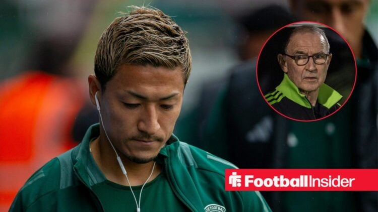 Daizen Maeda stares at the ground while arriving at a game for Celtic, as manager Martin O'Neill looks concerned in a circular inset.