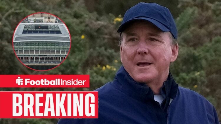 Everton owner Dan Friedkin smiles as the Hill Dickinson Stadium features in a circular inset.