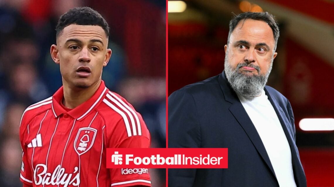 Nottingham Forest winger Dan Ndoye looks concerned during a game, as owner Evangelos Marinakis watches from the other side of a split image.