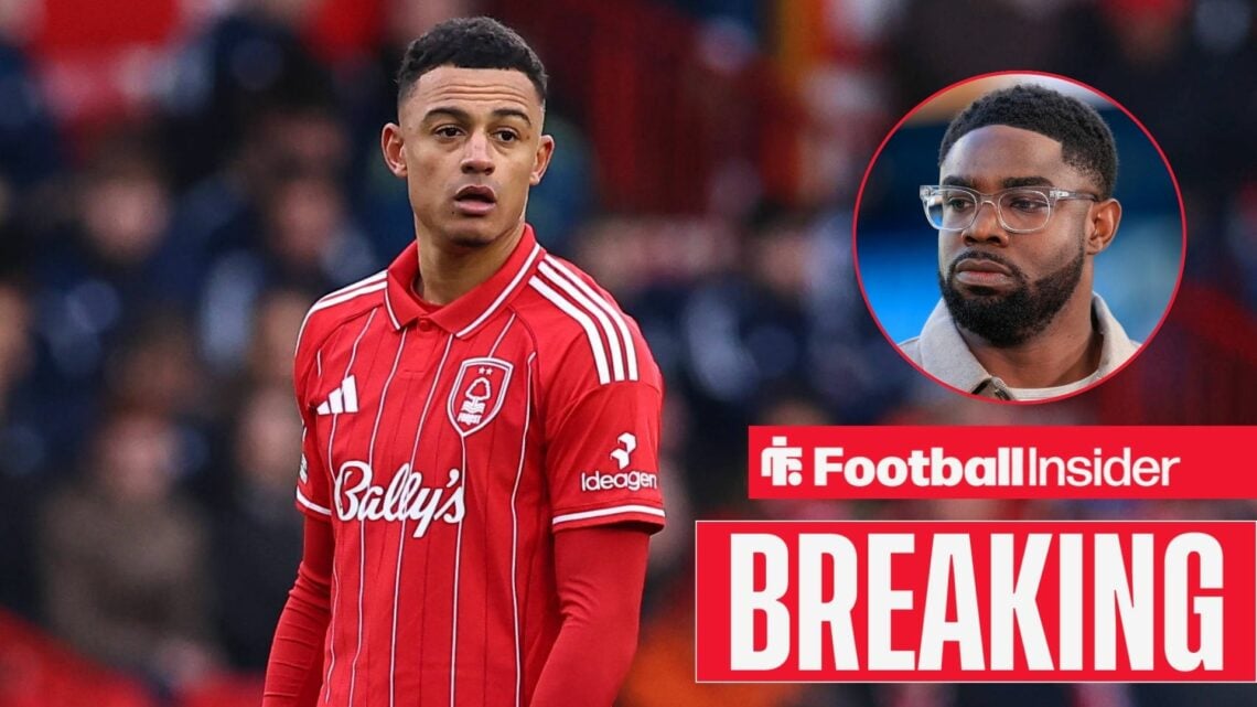 Dan Ndoye in action during a game for Nottingham Forest, as Micah Richards watches from a circular inset.