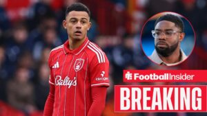 Dan Ndoye in action during a game for Nottingham Forest, as Micah Richards watches from a circular inset.