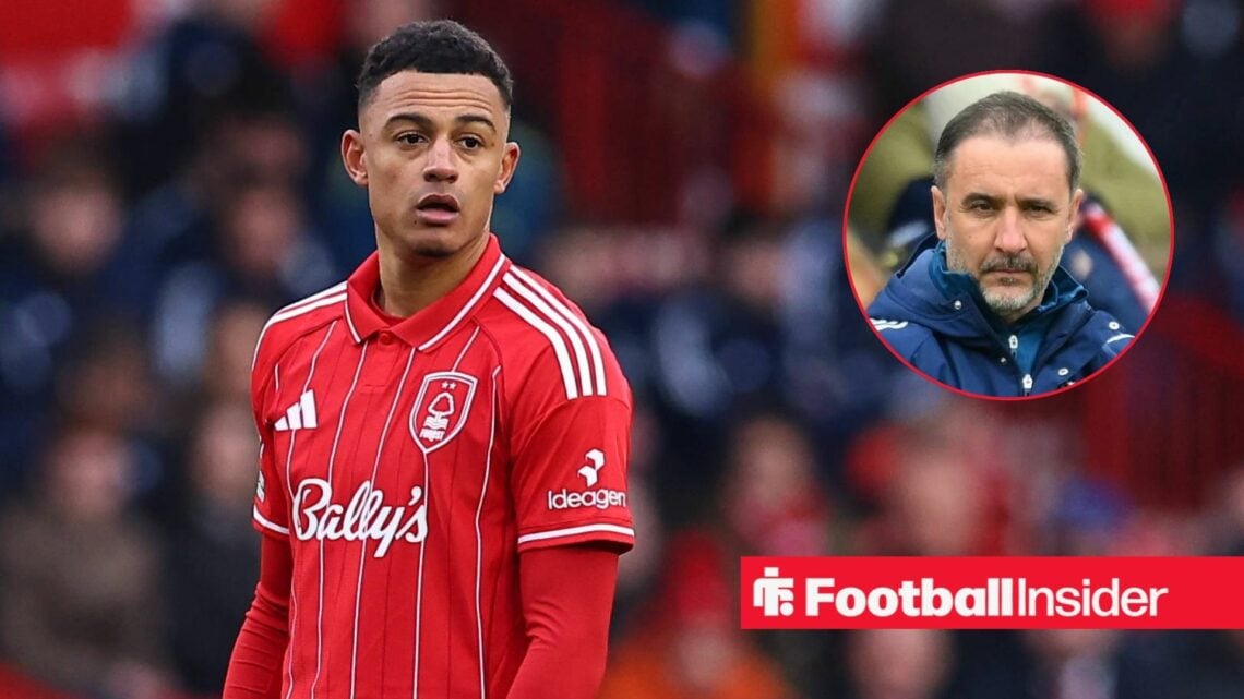 Nottingham Forest winger Dan Ndoye in action during a game, as manager Vitor Pereira watches from a circular inset.