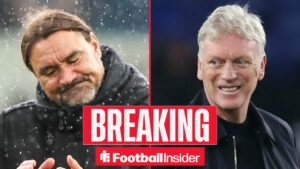 Daniel Farke on the sidelines at Leeds, with David Moyes smiling at Everton