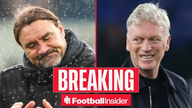 Daniel Farke on the sidelines at Leeds, with David Moyes smiling at Everton