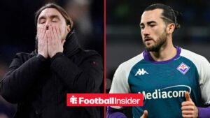 Leeds United manager Daniel Farke has his head in his hands, as Jack Harrison warms up for Fiorentina on the other side of a split image.