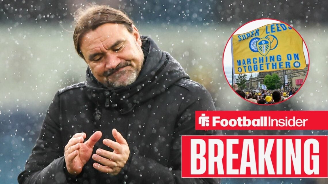 Breaking news as Leeds United manager Daniel Farke stands in the rain, while fans wave a flag in a circular inset.