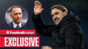 Football Insider exclusive as Leeds manager Daniel Farke waves towards chairman Paraag Marathe, who features in a circular inset.