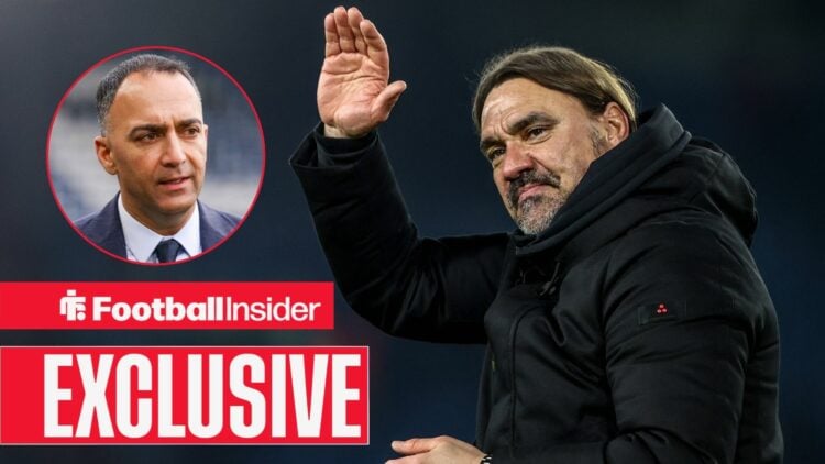 Football Insider exclusive as Leeds manager Daniel Farke waves towards chairman Paraag Marathe, who features in a circular inset.