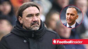 Daniel Farke on the sidelines at Elland Road, with Paraag Marathe in a circular inset